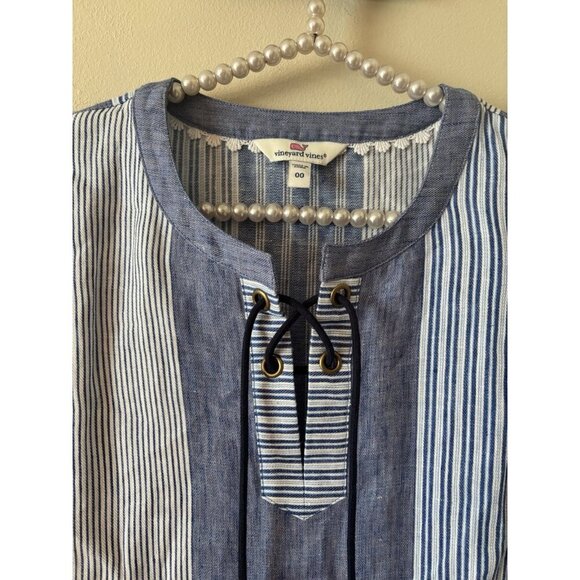 Vineyard Vines Womens Size 00 Blue Stripe Linen Shift Dress Short Sleeve Tassels - Picture 2 of 7